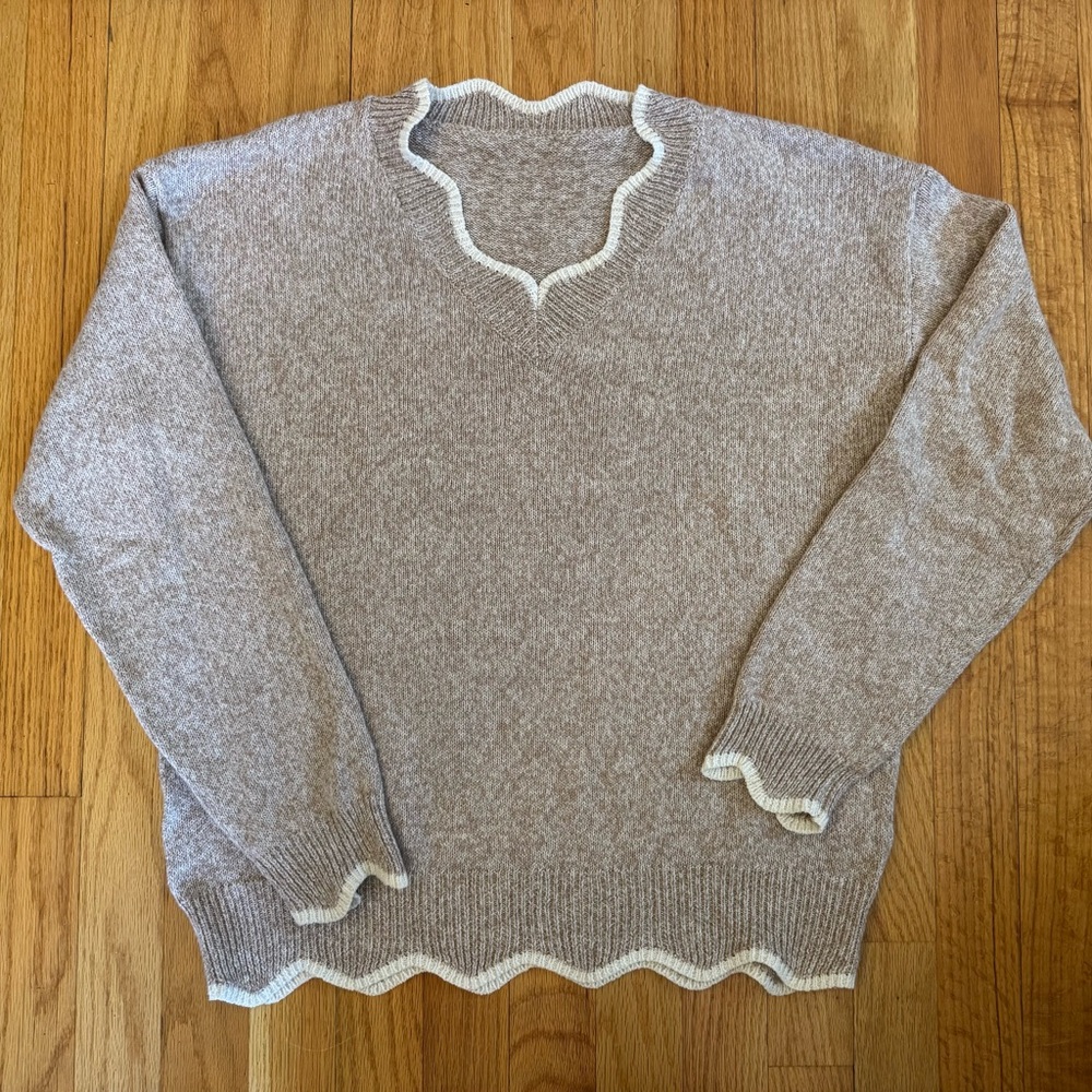 Taupe Sweater with White Scalloped Trim
